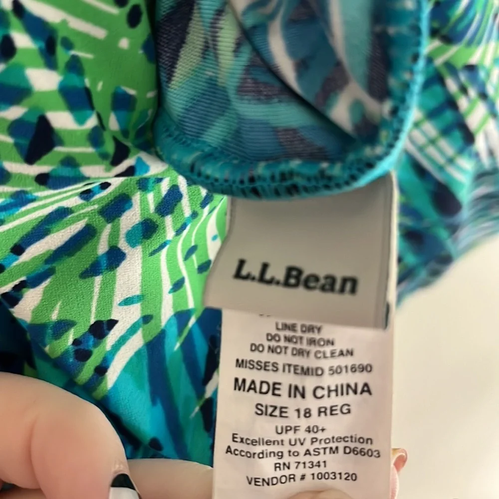 LL Bean Tropical Palm‎ One Piece Swimsuit Sz 18 UPF 40 vacation beach summer